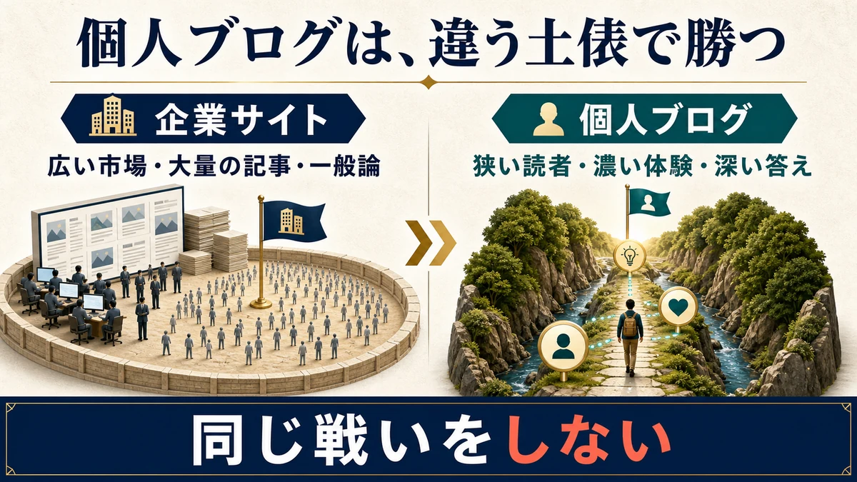 企業サイトの広い市場と大量記事と一般論に対して個人ブログが狭い読者と濃い体験と深い答えで戦う図