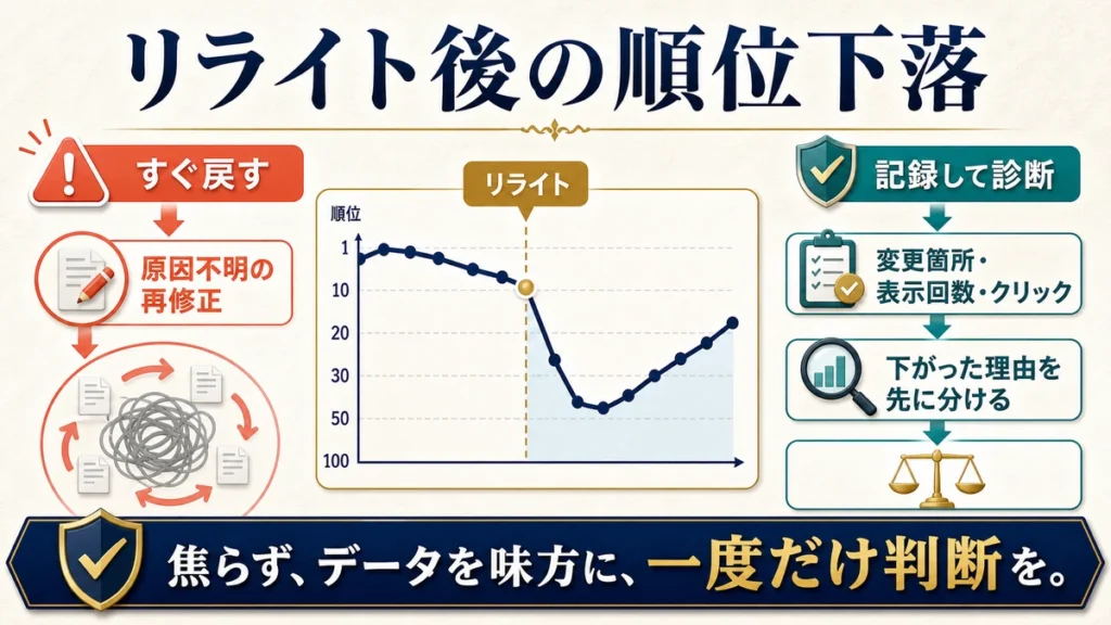 リライト後の順位下落ですぐ戻して原因不明の再修正をする流れと変更箇所や表示回数を記録して診断する流れの比較図