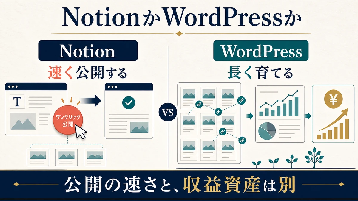 少ないページを速く公開するNotionと検索記事を積み上げて長く育てるWordPressの比較図