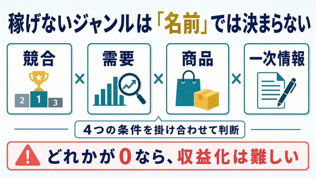 ブログジャンルの競合、需要、商品、一次情報のどれかがゼロなら収益化が難しいことを示す図