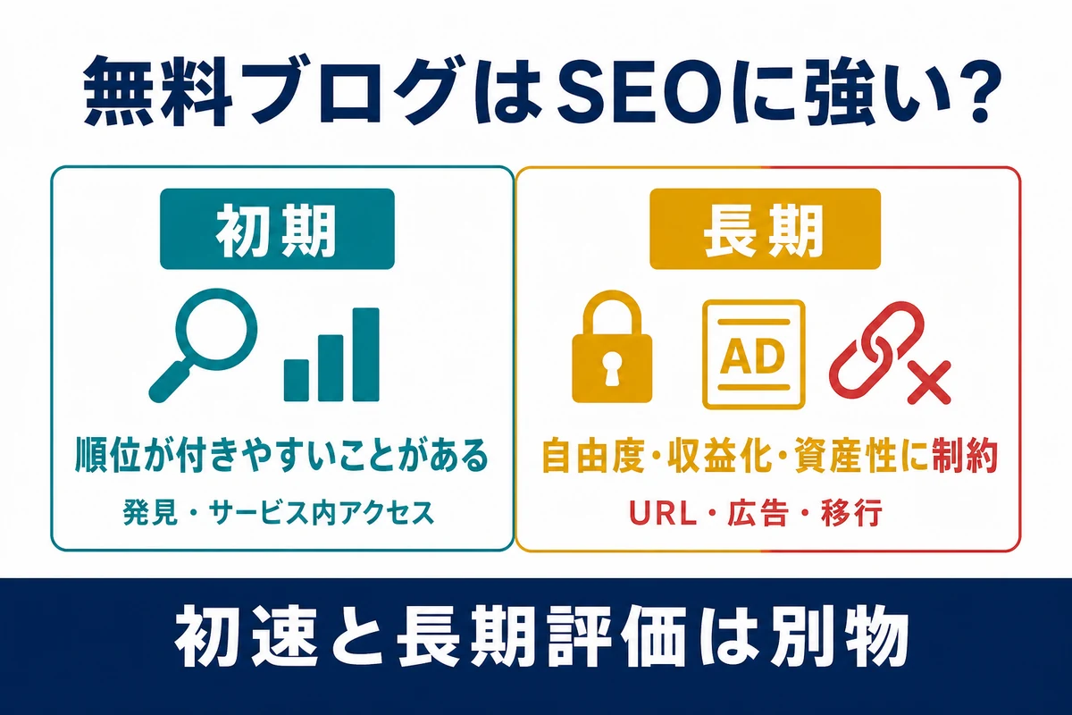 無料ブログのSEOを初期の順位と長期の自由度・収益化・資産性で比較する図