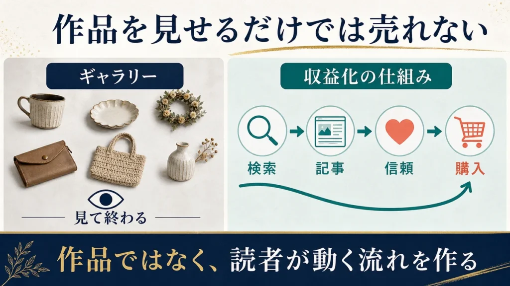 ハンドメイド作品を並べて見て終わるギャラリーと検索、記事、信頼、購入へ読者が進む収益化の仕組みの比較図