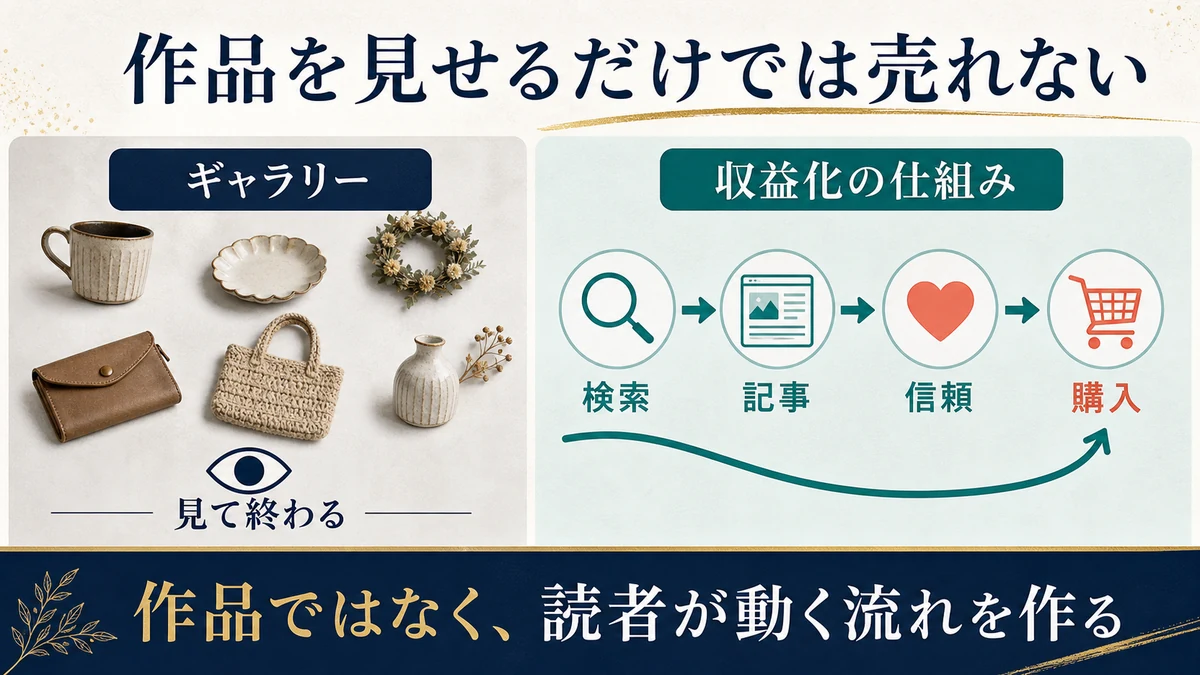 ハンドメイド作品を並べて見て終わるギャラリーと検索、記事、信頼、購入へ読者が進む収益化の仕組みの比較図
