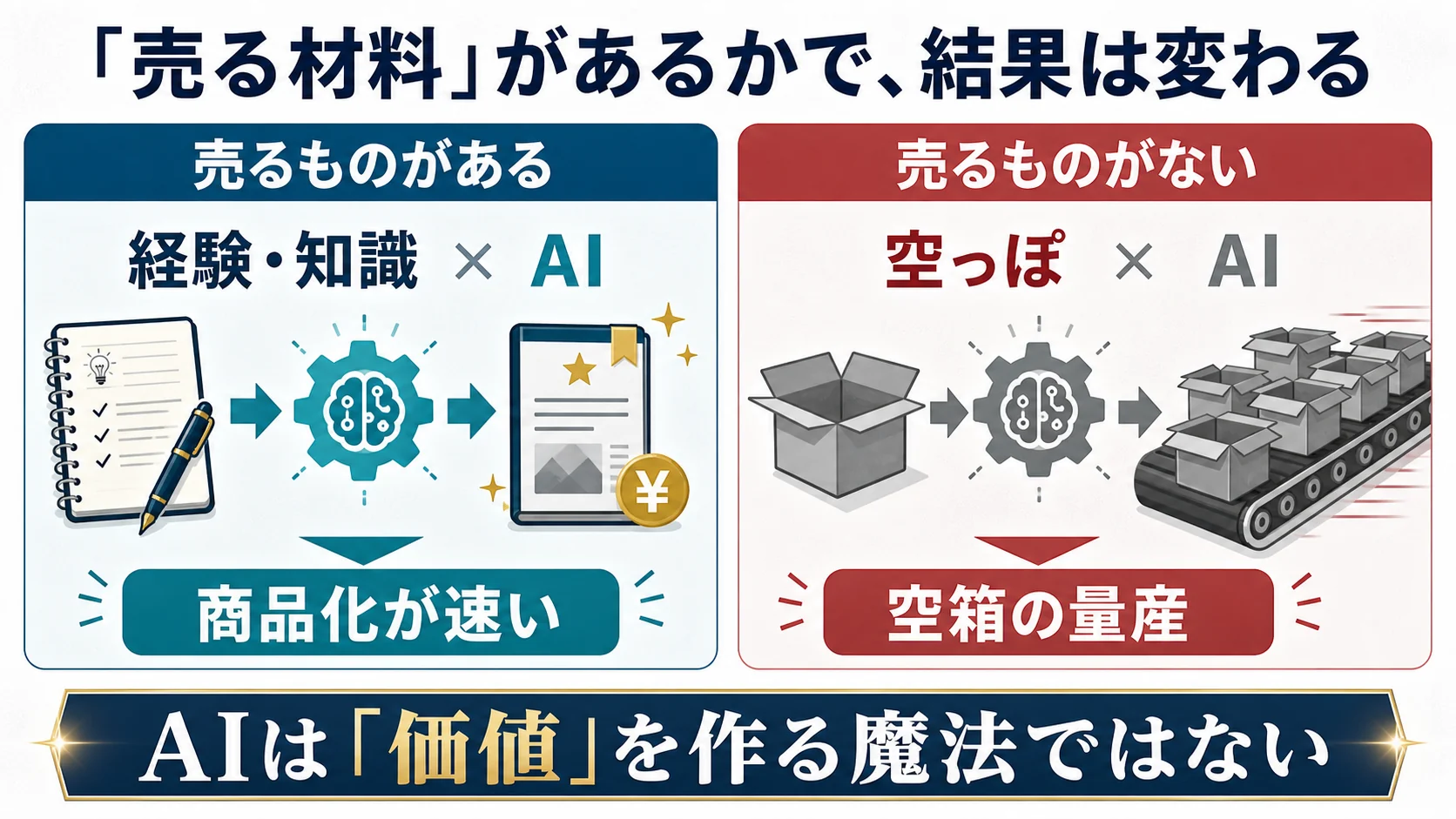 売る材料がある人はAIで商品化が速くなり、材料がない人は空箱を量産するという比較図