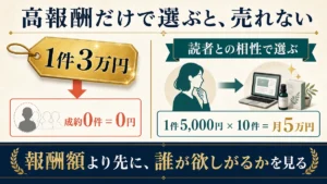 1件3万円でも成約ゼロなら0円で読者との相性が良い1件5000円の商品を10件成約すれば月5万円になる比較図