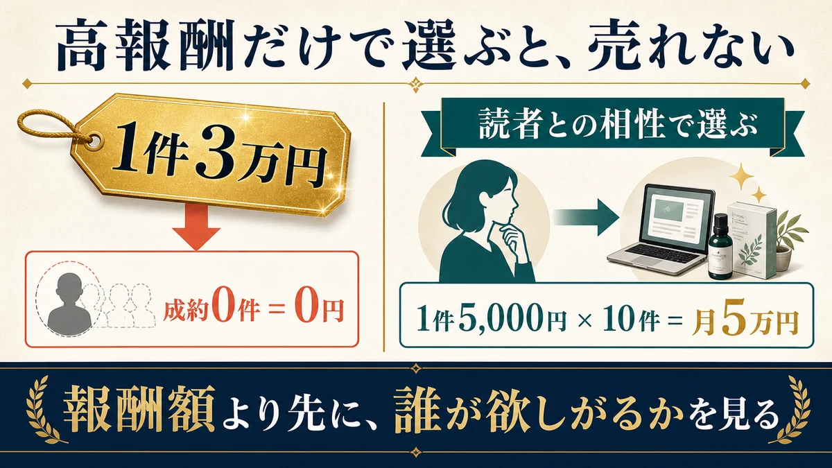 1件3万円でも成約ゼロなら0円で読者との相性が良い1件5000円の商品を10件成約すれば月5万円になる比較図
