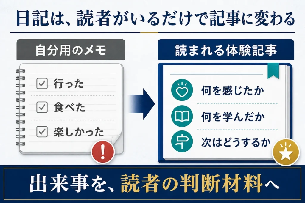 自分用の日記メモを読者の判断材料になる体験記事へ変える比較図