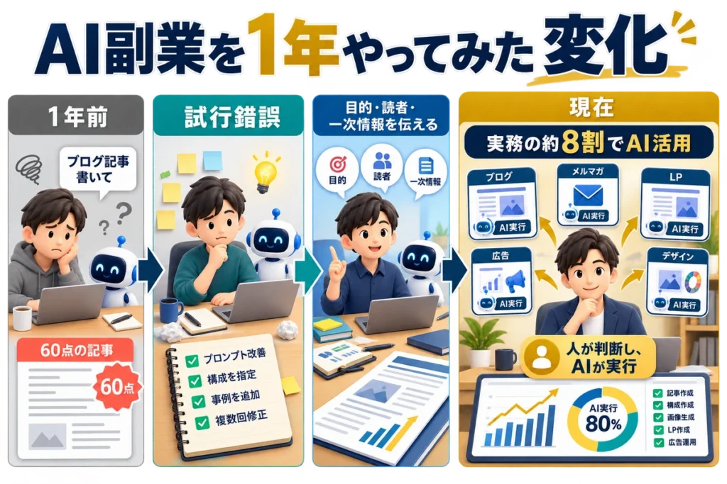 AI副業を試し始めた頃から、ブログ運営の8割でAIを活用する現在までの1年間の変化