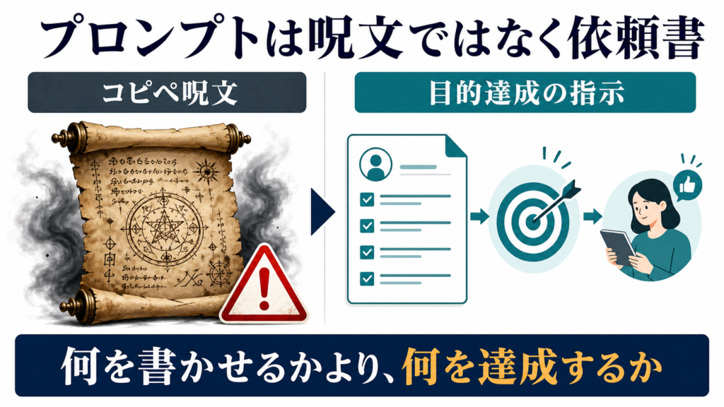 AIライティングのプロンプトは呪文ではなく目的達成のための依頼書であることを示す図解