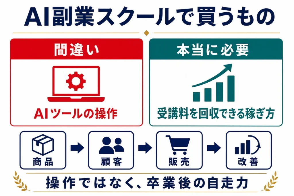 AIツールの操作と受講料を回収できる稼ぎ方の違いを示す図