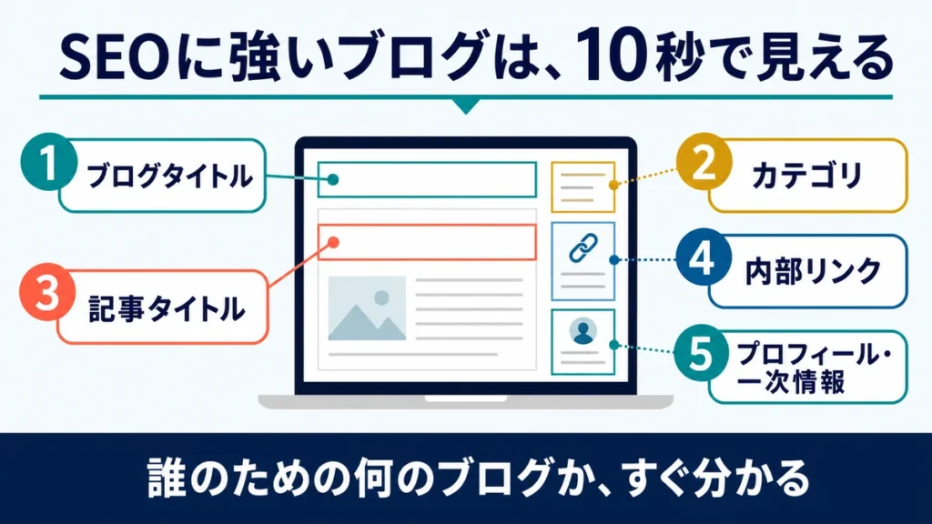 SEOに強いブログかをブログタイトル、カテゴリ、記事タイトル、内部リンク、プロフィールと一次情報の5か所で確認する図