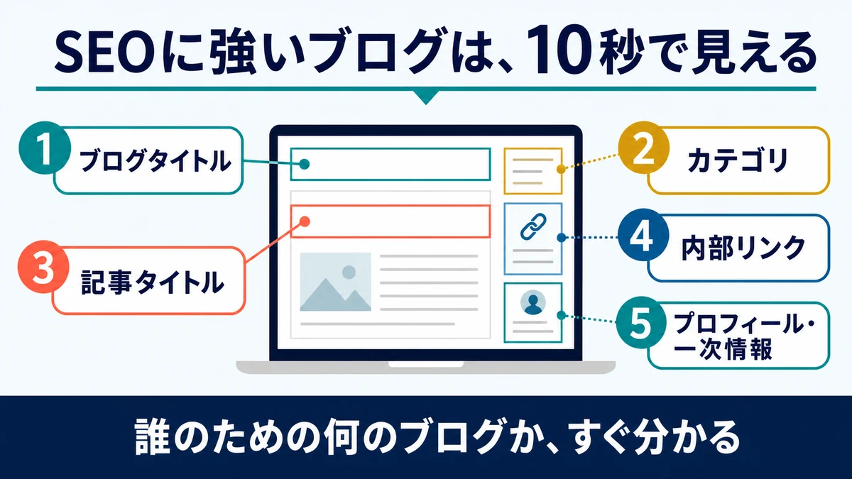 SEOに強いブログかをブログタイトル、カテゴリ、記事タイトル、内部リンク、プロフィールと一次情報の5か所で確認する図