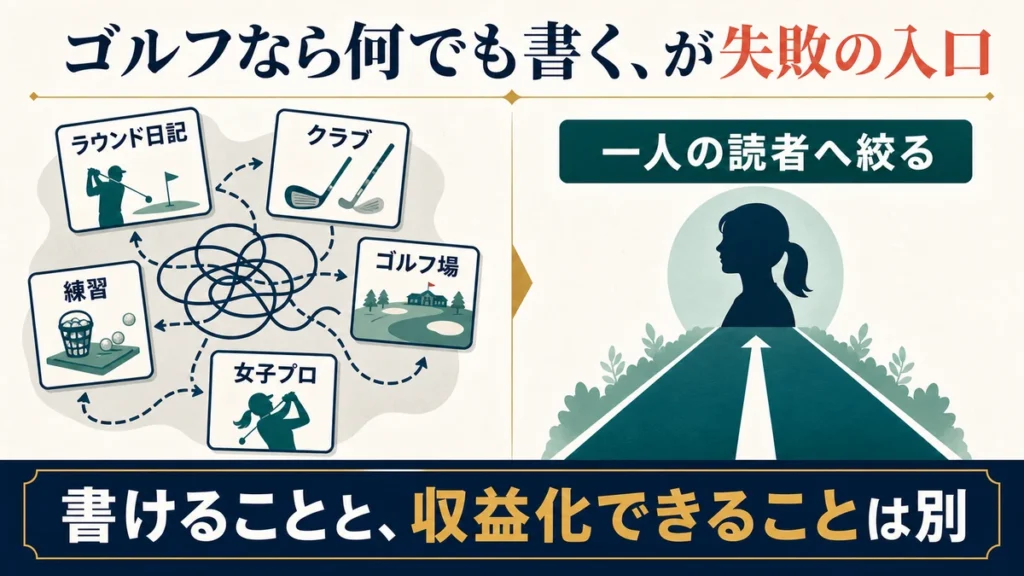 ゴルフのラウンド日記やクラブ、練習、ゴルフ場、女子プロを何でも書く状態と一人の読者へ絞る状態の比較図