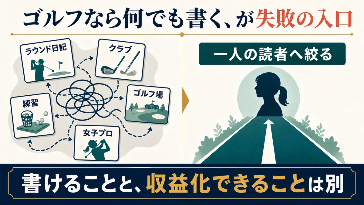 ゴルフのラウンド日記やクラブ、練習、ゴルフ場、女子プロを何でも書く状態と一人の読者へ絞る状態の比較図