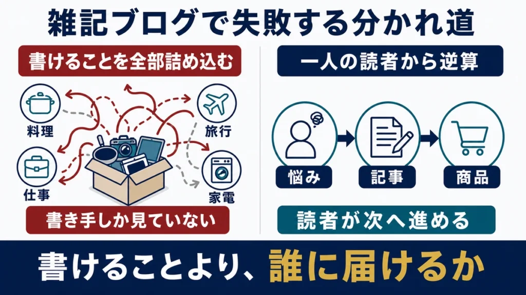 書けることを全部詰め込む雑記ブログと、一人の読者の悩みから記事と商品を逆算するブログの比較図