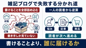 書けることを全部詰め込む雑記ブログと、一人の読者の悩みから記事と商品を逆算するブログの比較図