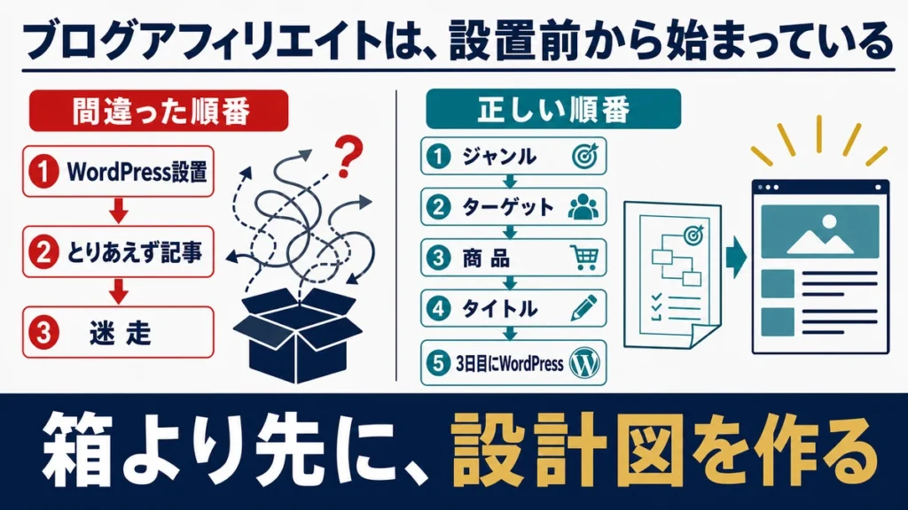 WordPressを先に設置して迷走する順番と、ジャンル、ターゲット、商品、タイトルを決めてから設置する正しい順番の比較図
