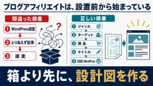 WordPressを先に設置して迷走する順番と、ジャンル、ターゲット、商品、タイトルを決めてから設置する正しい順番の比較図