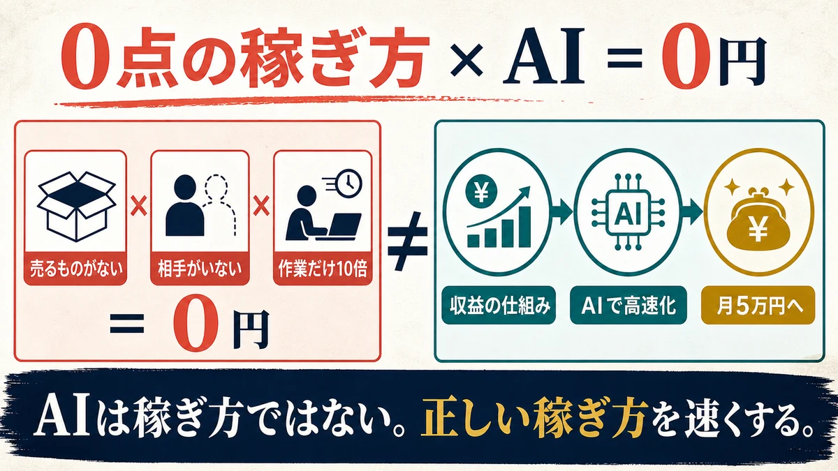 売るものや相手がいない状態でAI作業だけを増やしても0円で収益の仕組みをAIで高速化して月5万円へ進む図