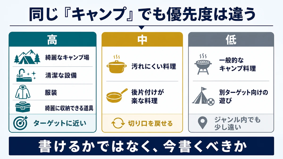 綺麗なキャンプ場や清潔な設備を高優先、一般的なキャンプ料理を低優先に分けた具体例