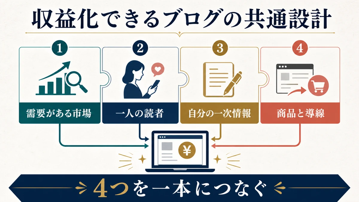 需要がある市場、一人の読者、自分の一次情報、商品と導線の4つを一本につなぐブログ設計図