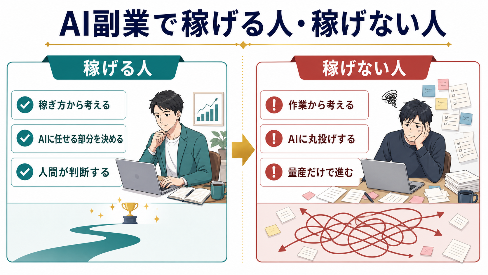 AI副業で稼げる人は稼ぎ方から考え、稼げない人はAIでできる作業から考える違いを示す図解