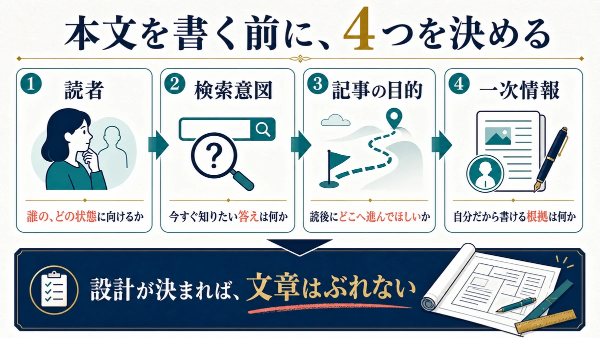 ブログ記事を書く前に読者、検索意図、記事の目的、一次情報を決める流れ