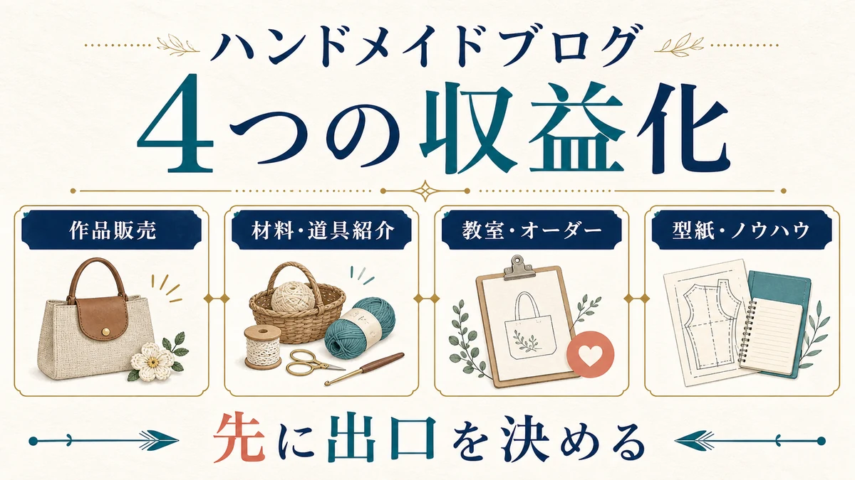 作品販売、材料と道具紹介、教室とオーダー、型紙とノウハウというハンドメイドブログの4つの収益化方法