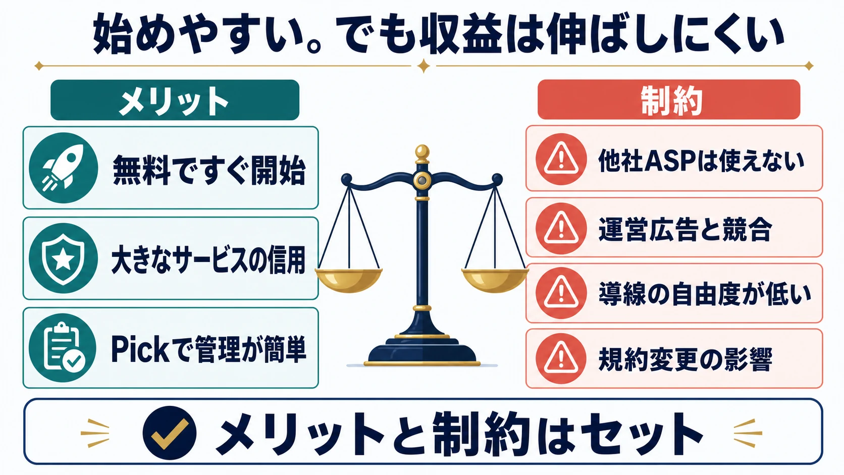 無料ですぐ開始できるメリットと他社ASPや運営広告などの制約を比較した図