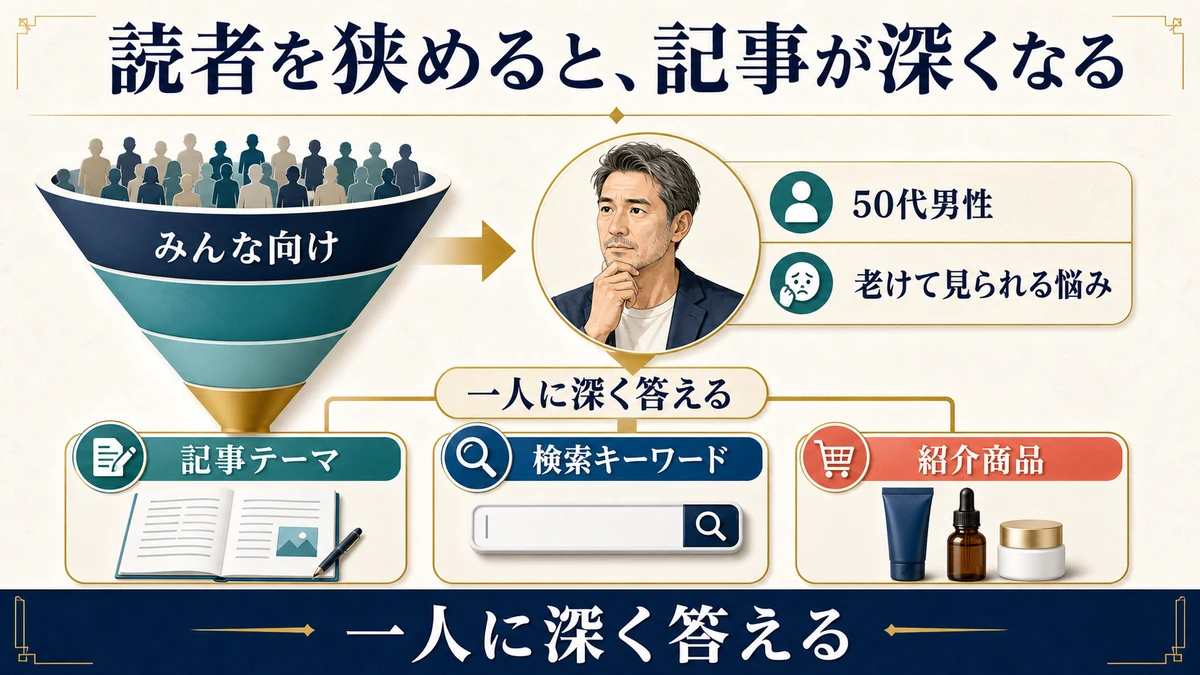 みんな向けから50代男性の老けて見られる悩みへ絞り記事テーマとキーワードと紹介商品を具体化する図