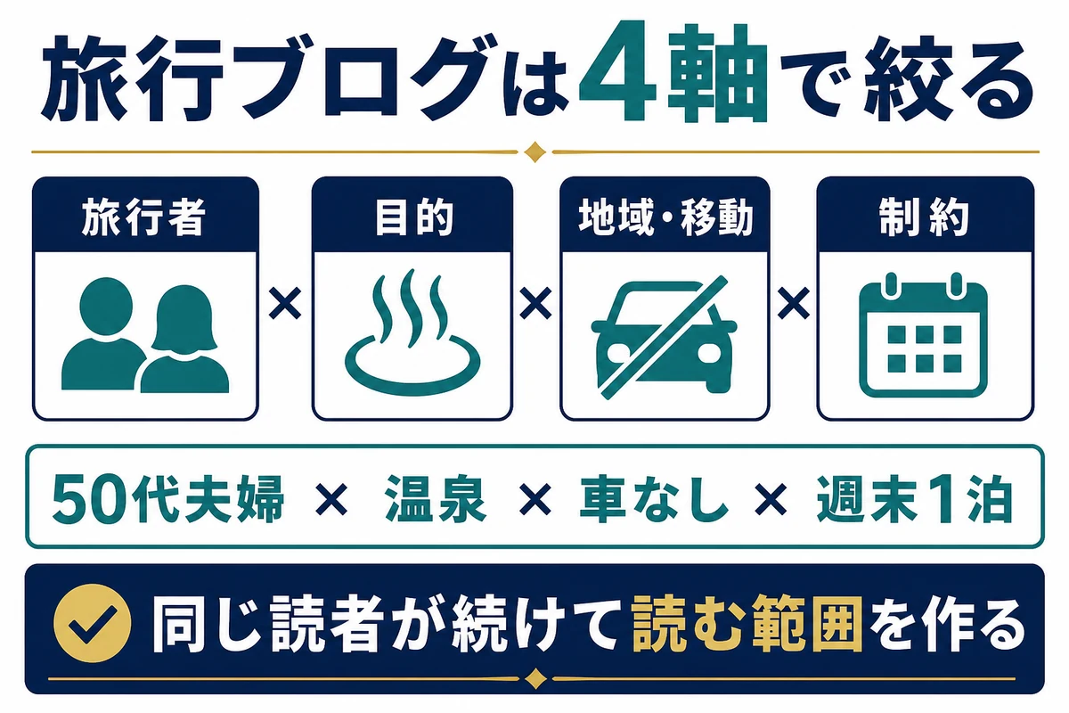 旅行者、目的、地域と移動、制約の4軸で旅行ブログを絞る図
