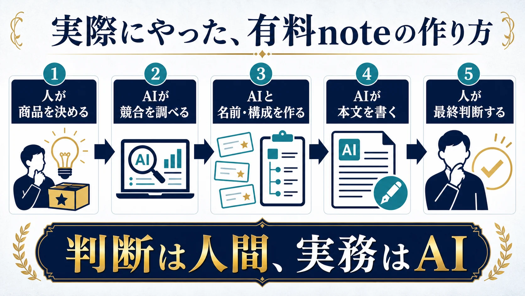 人が商品を決め、AIが競合調査・名前・構成・本文を担当し、人が最終判断する5段階の流れ