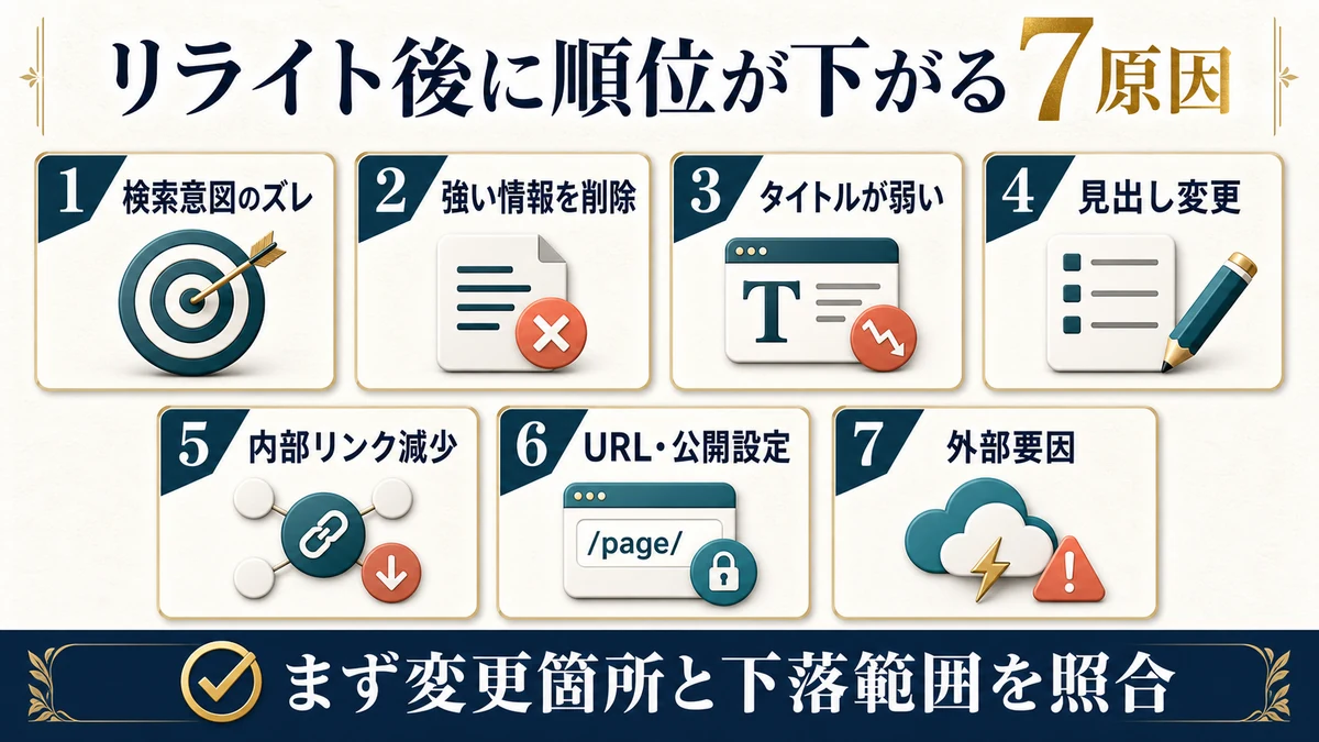 検索意図のズレ、強い情報削除、タイトル、見出し、内部リンク、URL公開設定、外部要因の7原因