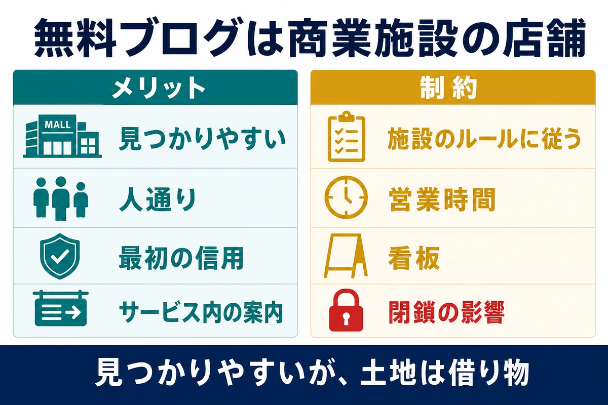 無料ブログの見つかりやすさとプラットフォームの制約を商業施設の店舗に例えた図