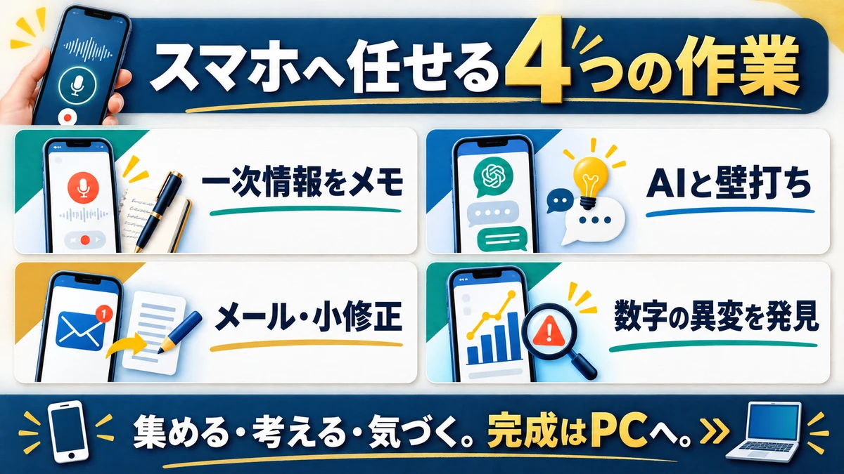 スマホは情報収集や一次情報のメモやAIとの壁打ちや連絡に向くことを整理した図
