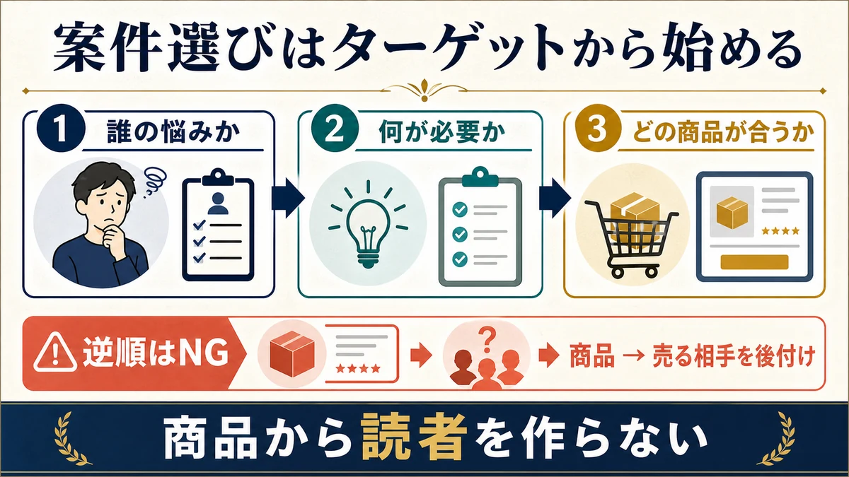 誰の悩みか何が必要かどの商品が合うかの順でアフィリエイト案件を選ぶ図