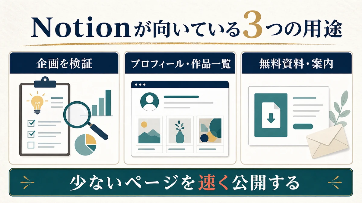 企画の検証、プロフィールと作品一覧、無料資料と案内というNotionが向いている3つの用途