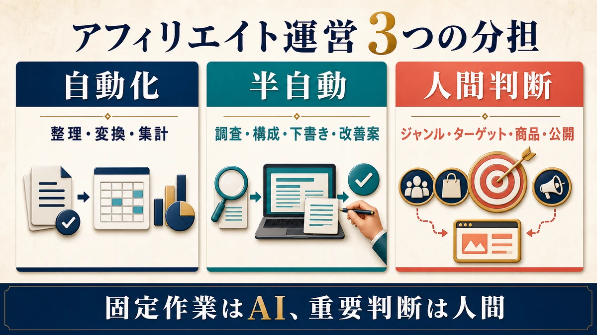 整理変換集計は自動化し調査構成下書き改善案は半自動にしてジャンルや商品や公開は人間が判断する図