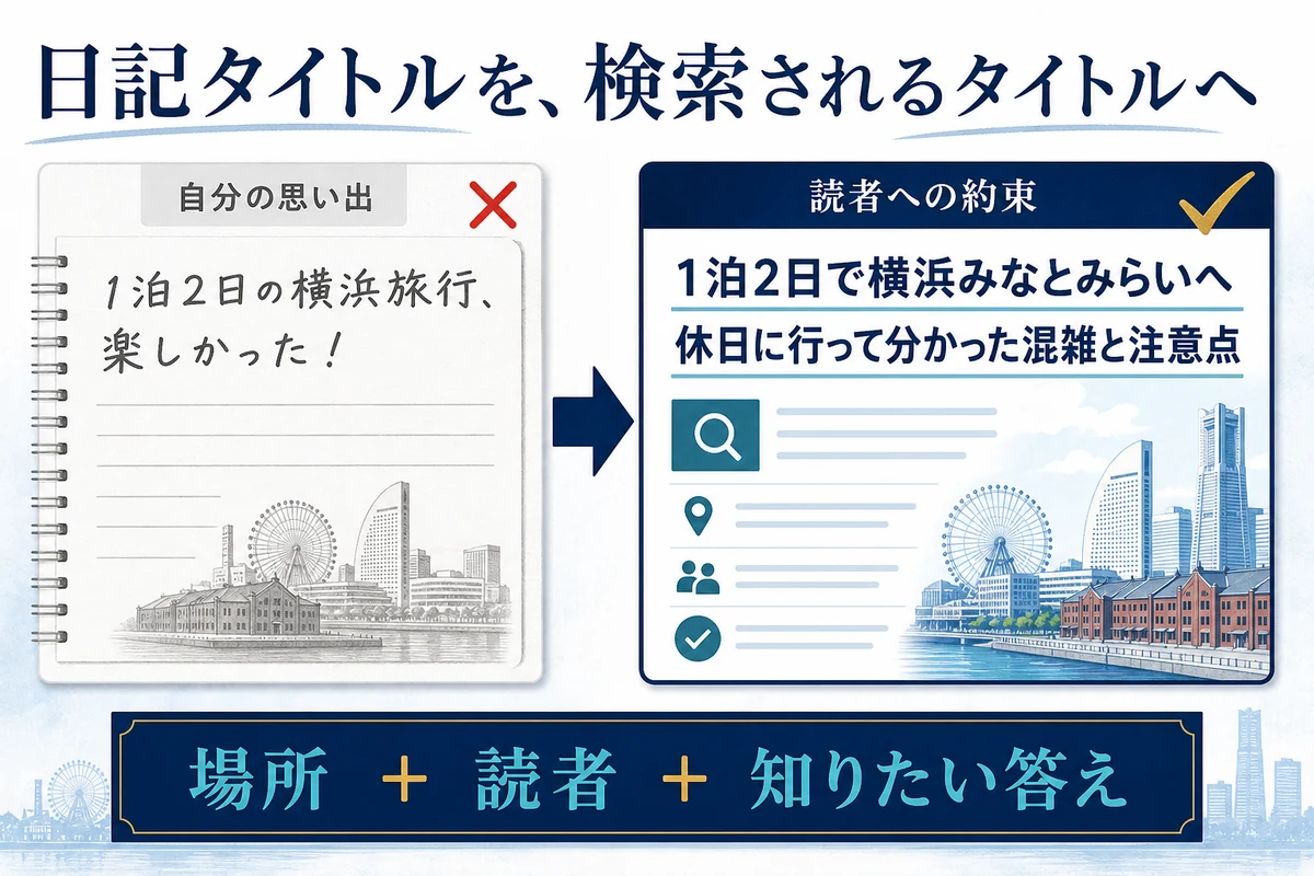 横浜旅行の日記タイトルを検索される記事タイトルへ変える例