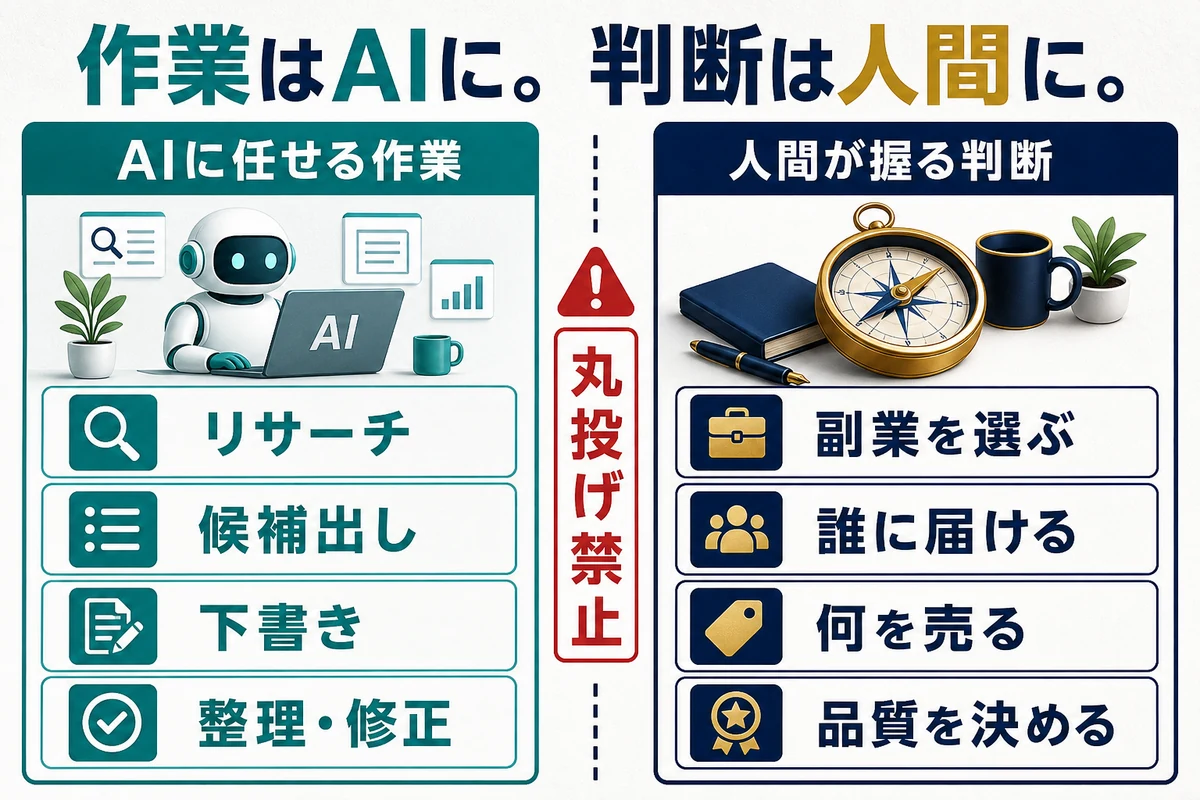 リサーチや下書きはAIへ任せ、副業選びや品質判断は人間が握る境界を示した図