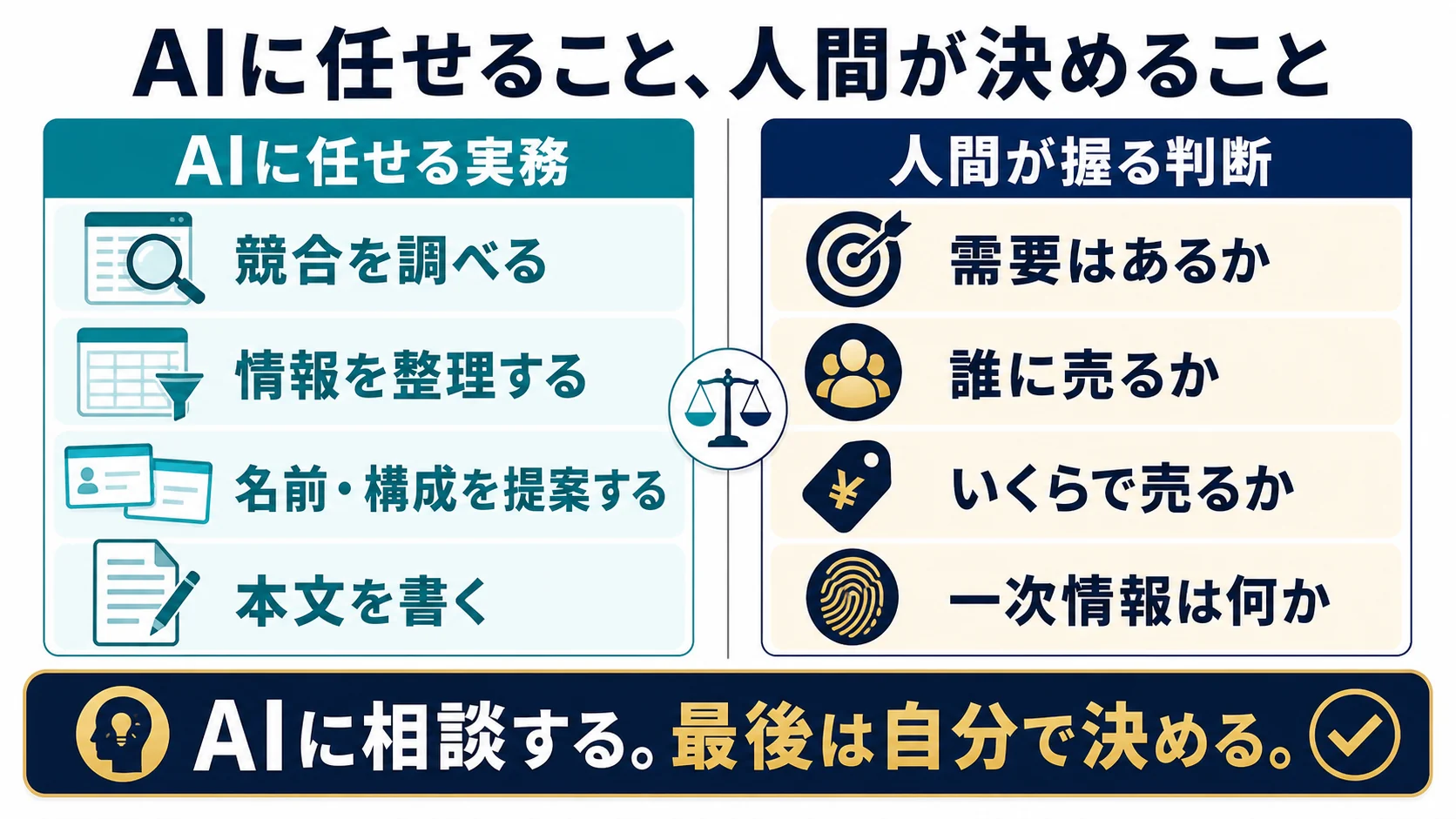 競合調査や本文はAIに任せ、需要・ターゲット・価格・一次情報は人間が決める役割分担図