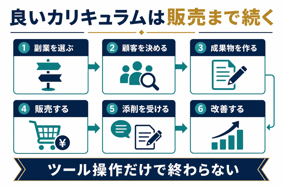 副業選びから顧客設定、成果物、販売、添削、改善まで続くカリキュラムの図