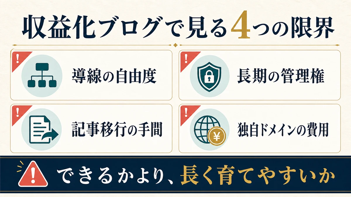 導線の自由度、長期の管理権、記事移行の手間、独自ドメインの費用という収益化ブログで見る4つの限界