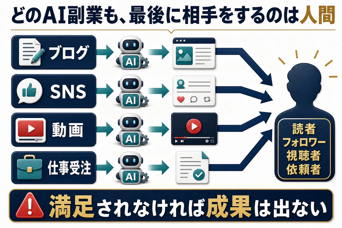 ブログ、SNS、動画、仕事受注の先に読者や視聴者や依頼者という人間がいる構造図