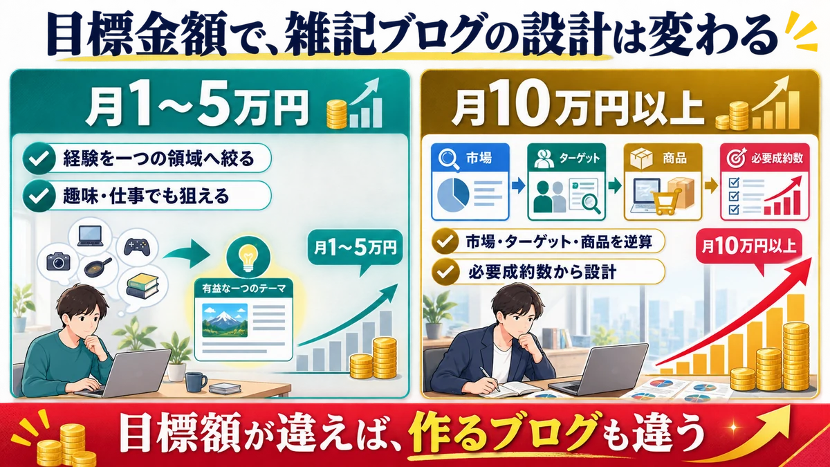 月1万円から5万円と月10万円以上で必要になる雑記ブログの設計を比較した図