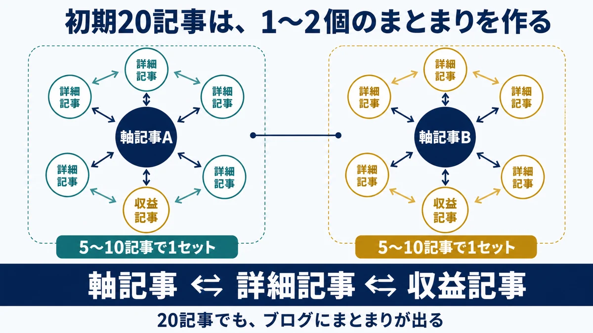 初期20記事を軸記事、詳細記事、収益記事からなる5から10記事のまとまり1から2個へ組む図