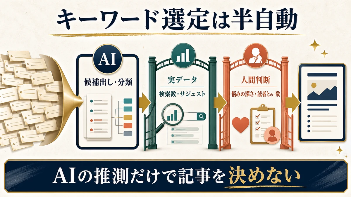 AIの候補出しと分類を実データと人間の悩み判断の二つの関門に通して記事を決める図