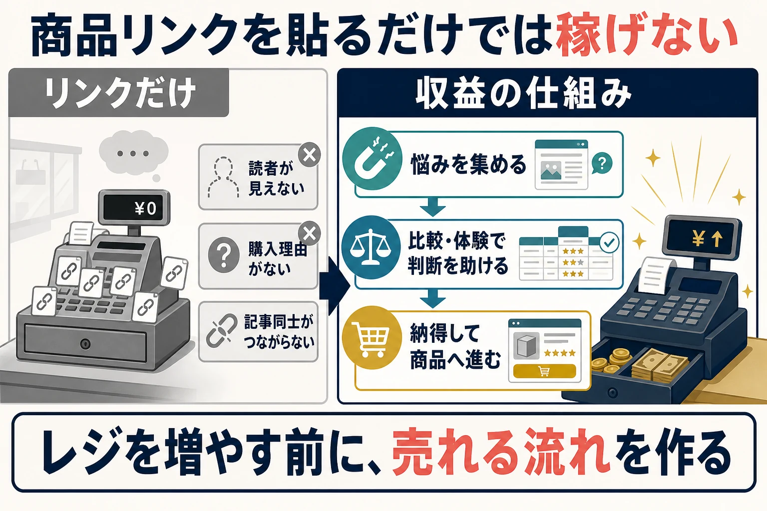 商品リンクを貼るだけのブログと読者の悩みから購入まで設計したブログの比較図