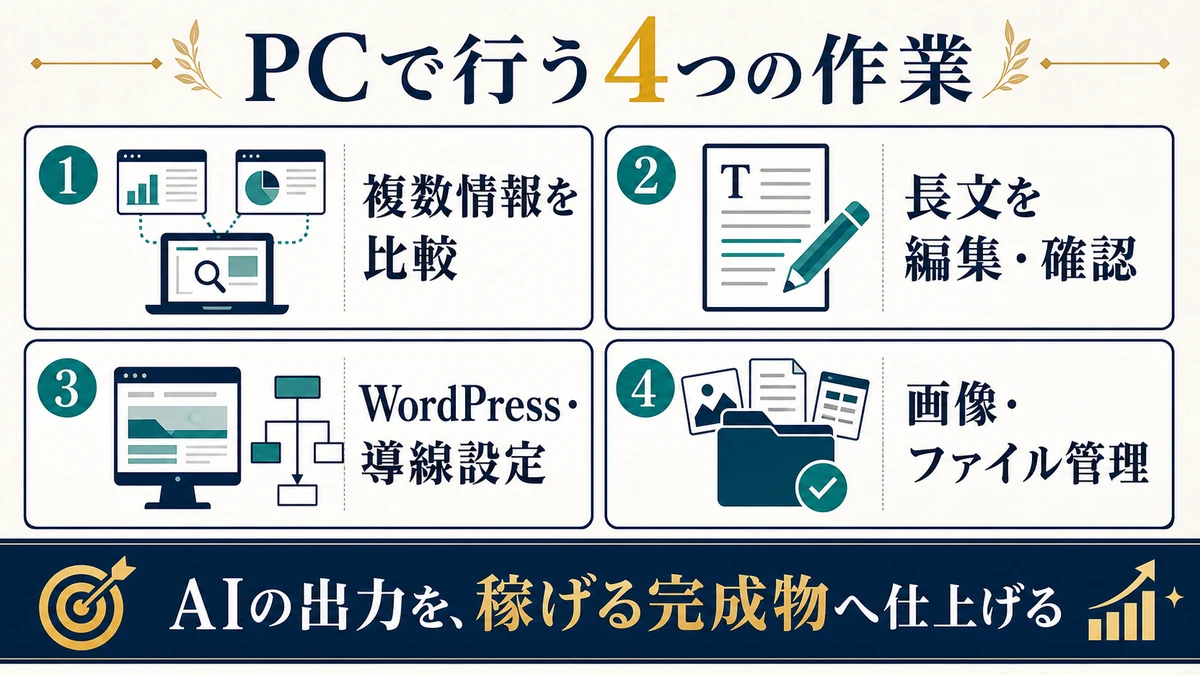 PCは複数情報の比較や記事編集やWordPress操作やファイル管理に向くことを整理した図