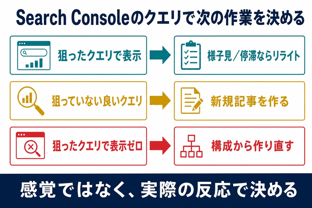Search Consoleの表示クエリから様子見・新規記事・リライトを決める図